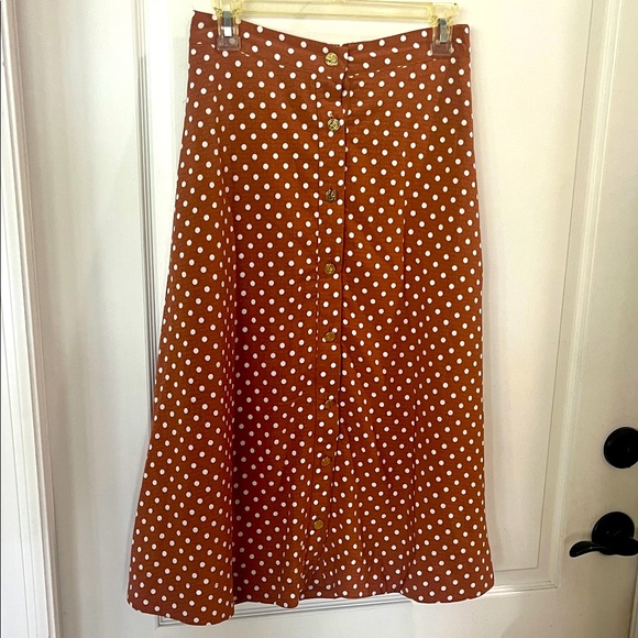 EUC Draper James long Brown Polka Dot Maxi Skirt W/gold buttons size small - Picture 1 of 5